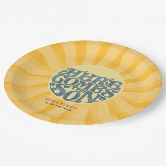 Hier komt het Son Retro Baby shower Papieren Bordje (Gekanteld)