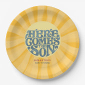 Hier komt het Son Retro Baby shower Papieren Bordje (Voorkant)