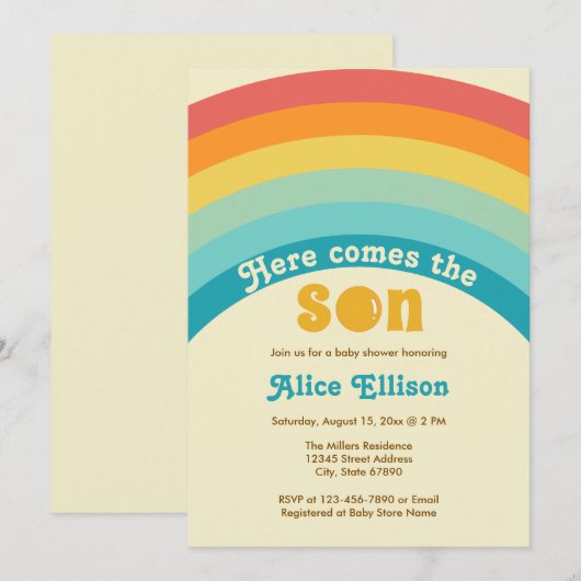 Hier komt het Son Retro Boho Baby shower Kaart (Voorkant / Achterkant)