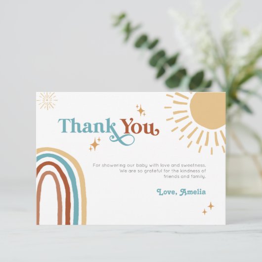 Hier komt het Son Retro Boho Boy Baby shower Bedankkaart (Staand voorkant)