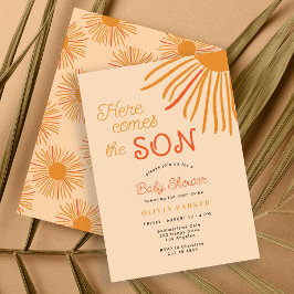 Hier komt het son retro boho sun boy baby shower kaart