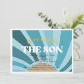 Hier komt het Son Retro Boy Baby shower Kaart (Staand voorkant)