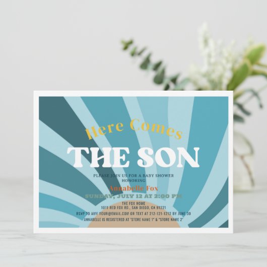 Hier komt het Son Retro Boy Baby shower Kaart (Staand voorkant)