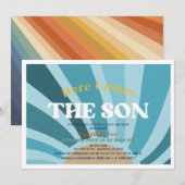 Hier komt het Son Retro Boy Baby shower Kaart (Voorkant / Achterkant)