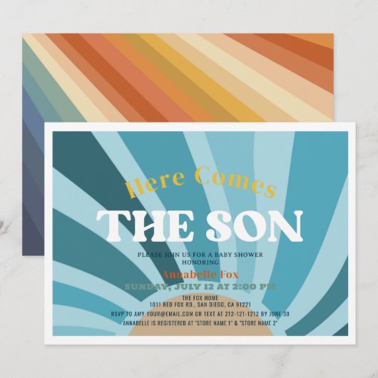 Hier komt het Son Retro Boy Baby shower Kaart (Voorkant / Achterkant)