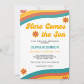 Hier komt het Son Retro Boy Baby shower Kaart (Voorkant)