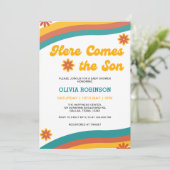 Hier komt het Son Retro Boy Baby shower Kaart (Staand voorkant)