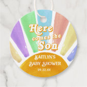 Hier komt het Son Retro Boys Baby shower Bedankjes Labels (Voorkant)