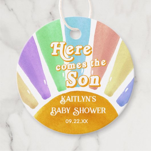 Hier komt het Son Retro Boys Baby shower Bedankjes Labels (Voorkant)