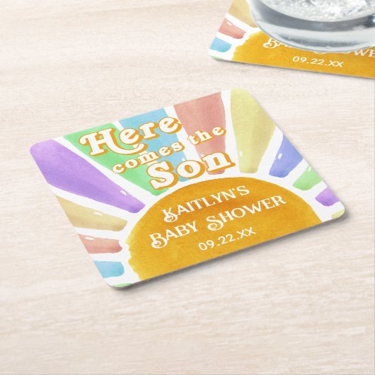 Hier komt het Son Retro Boys Baby shower Kartonnen Onderzetters (Schuin)