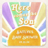 Hier komt het Son Retro Boys Baby shower Kartonnen Onderzetters (Voorkant)