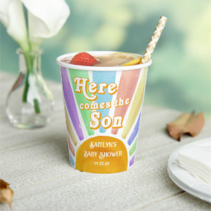 Hier komt het Son Retro Boys Baby shower Papieren Bekers