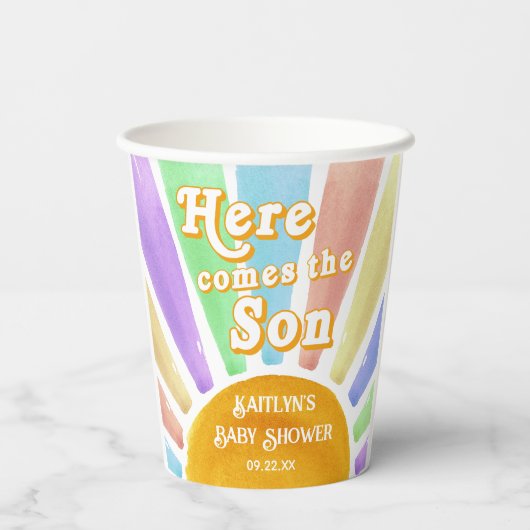 Hier komt het Son Retro Boys Baby shower Papieren Bekers (Achterkant)