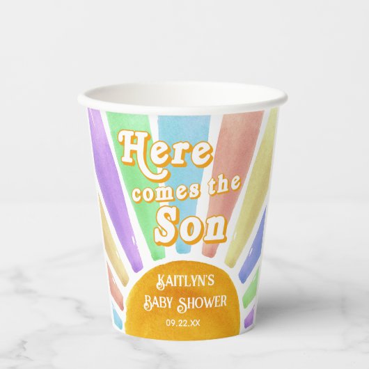 Hier komt het Son Retro Boys Baby shower Papieren Bekers (Voorkant)