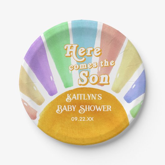 Hier komt het Son Retro Boys Baby shower Papieren Bordje (Voorkant)