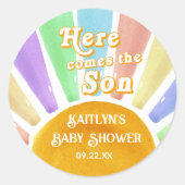 Hier komt het Son Retro Boys Baby shower Ronde Sticker (Voorkant)
