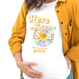 Hier komt het Son Retro Boys Baby shower T-shirt