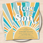 Hier komt het Son Retro Sun Baby shower Kaart