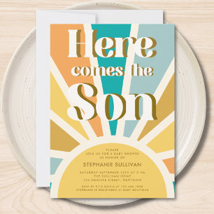 Hier komt het Son Retro Sun Baby shower Kaart