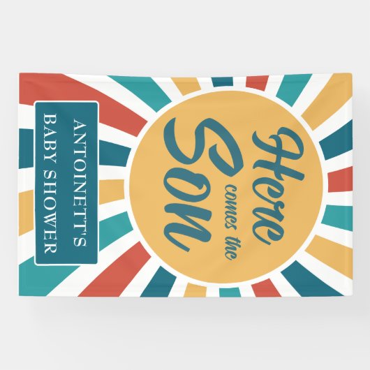 Hier komt het Son Retro Sun Baby shower Spandoek (Horizontaal)