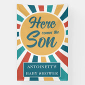 Hier komt het Son Retro Sun Baby shower Spandoek (Verticaal)