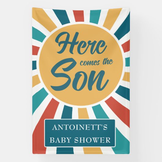 Hier komt het Son Retro Sun Baby shower Spandoek (Verticaal)