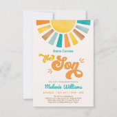 Hier komt het Son Retro Sun Boy Baby shower Kaart (Voorkant)