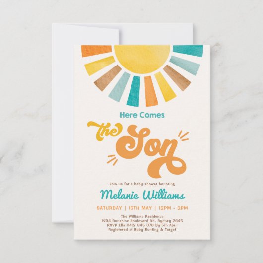 Hier komt het Son Retro Sun Boy Baby shower Kaart (Voorkant)