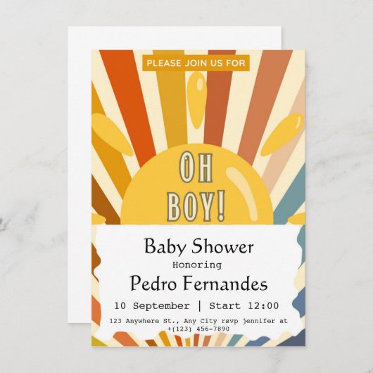 Hier komt het Son Retro Sun Boy Baby shower Kaart (Voorkant / Achterkant)