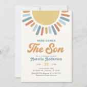 Hier komt het Son Retro Sunshine Baby shower Kaart (Voorkant)