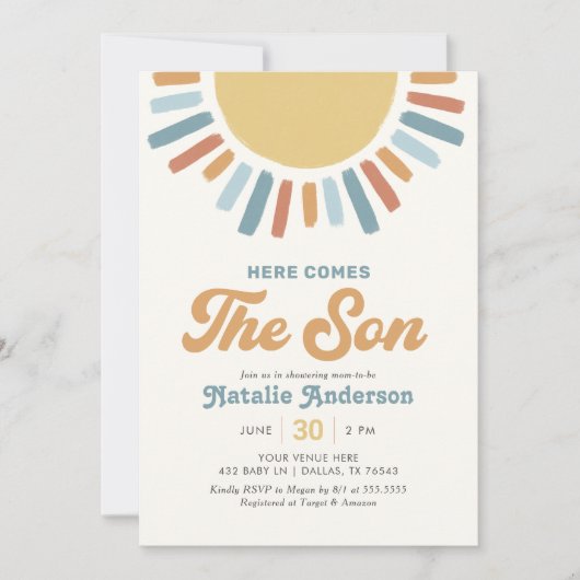Hier komt het Son Retro Sunshine Baby shower Kaart (Voorkant)