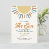 Hier komt het Son Retro Sunshine Baby shower Kaart (Staand voorkant)