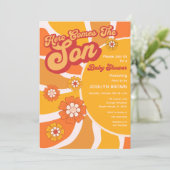 Hier komt het Son Retro Sunshine Baby shower Kaart (Staand voorkant)