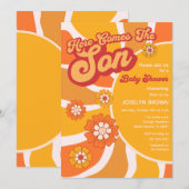 Hier komt het Son Retro Sunshine Baby shower Kaart (Voorkant / Achterkant)