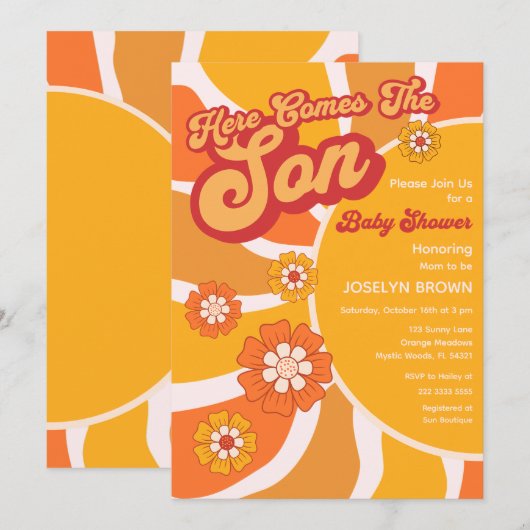 Hier komt het Son Retro Sunshine Baby shower Kaart (Voorkant / Achterkant)