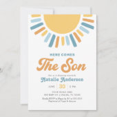 Hier komt het Son Retro Sunshine Baby shower Kaart (Voorkant)