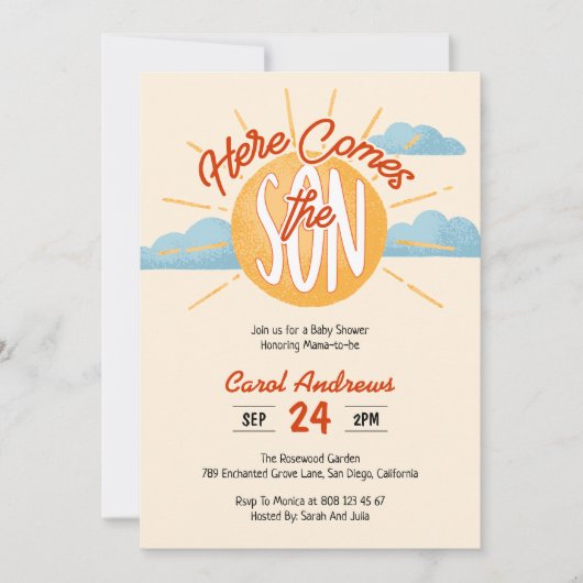 Hier komt het Son Retro Sunshine Baby shower Kaart (Voorkant)