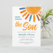 Hier komt het Son Sun Baby shower Kaart (Staand voorkant)