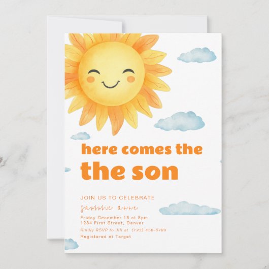 Hier komt het Son Sun thema Baby shower Kaart (Voorkant)