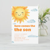 Hier komt het Son Sun thema Baby shower Kaart (Staand voorkant)