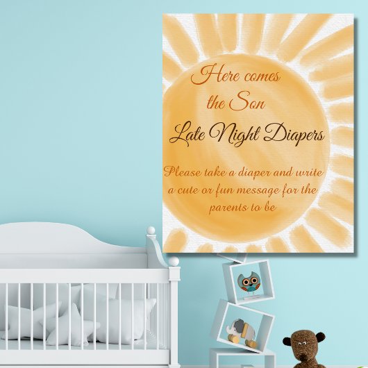 Hier komt het Son Sunshine Baby shower Diaper Game Poster