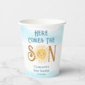 Hier komt het Son Sunshine Baby shower Papieren Bekers (Voorkant)