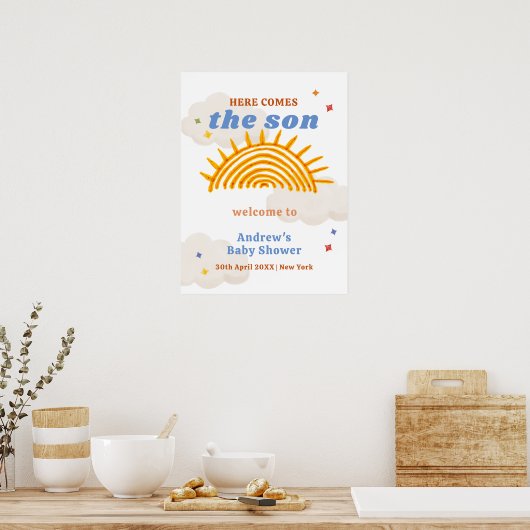 Hier komt het Son Sunshine Baby shower Welkom Poster (Keuken)