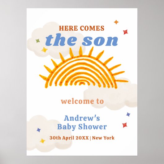 Hier komt het Son Sunshine Baby shower Welkom Poster (Voorkant)
