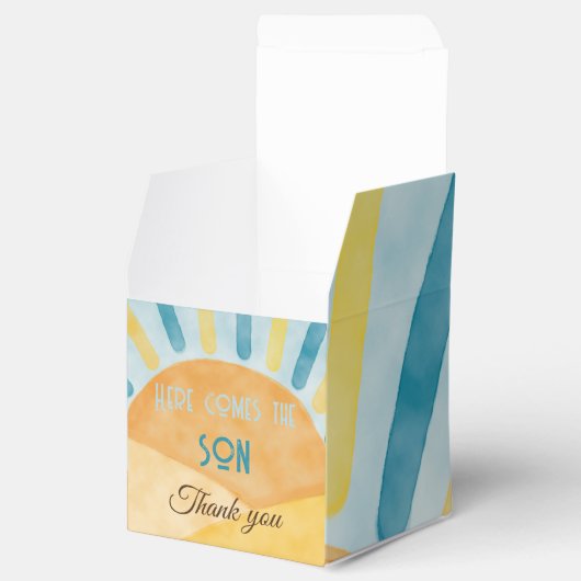 Hier komt het Son Sunshine Blue Ray Baby shower Bedankdoosjes (Geopend)