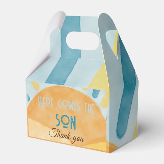 Hier komt het Son Sunshine Blue Ray Baby shower Bedankdoosjes (Voorkant Zijde)