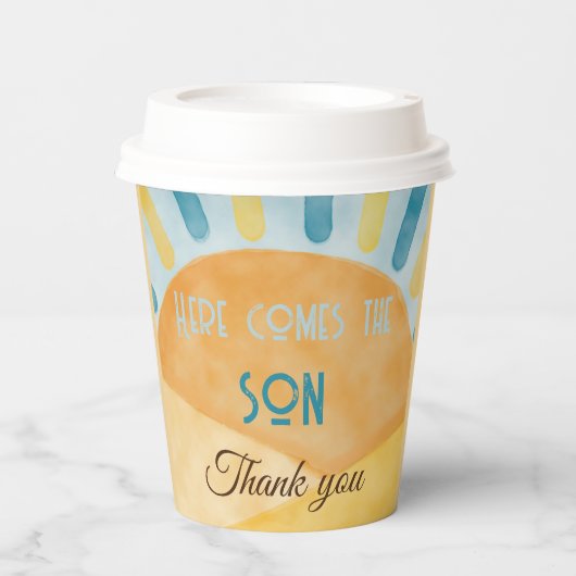 Hier komt het Son Sunshine Blue Ray Baby shower Papieren Bekers (Voorkant)