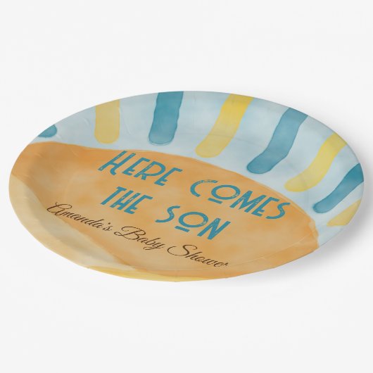Hier komt het Son Sunshine Blue Ray Baby shower Papieren Bordje (Gekanteld)