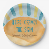 Hier komt het Son Sunshine Blue Ray Baby shower Papieren Bordje (Voorkant)