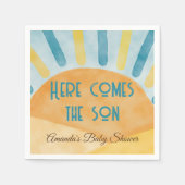 Hier komt het Son Sunshine Blue Ray Baby shower Servet (Voorkant)